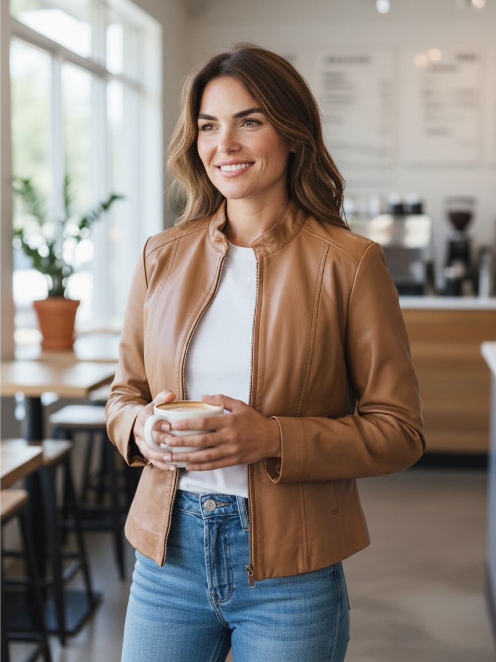 Coldwater Creek Tan Leather Collarless Jacket